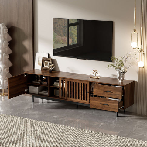TV Stand, Media Console With 2 Drawers, Soft Closing Hinges, Adjustable Shelves, Slatted Design - Walnut