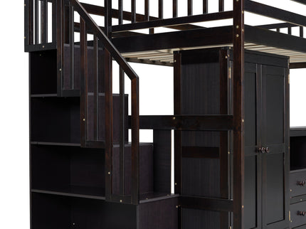 Loft Bed With Stairs, Bookshelf, Drawers, Desk & Wardrobe, Space Saving Multifunctional Furniture