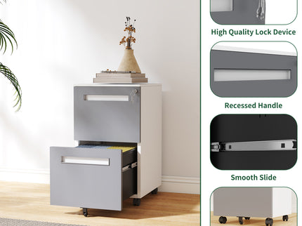 2-Drawer Mobile File Cabinet With Lock,On 360° Wheels, Holds A4/Letter/Legal Files - White