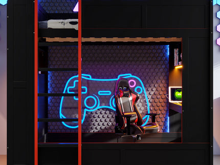 Full Size Gaming Bunk Bed With Desk, Storage Shelves, LED And Charging Station - Black
