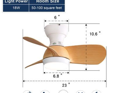 23" Bedroom Ceiling Fan With 3 Color Dimmable 3 ABS Blades Remote Control Dc Motor With 18W Led Light