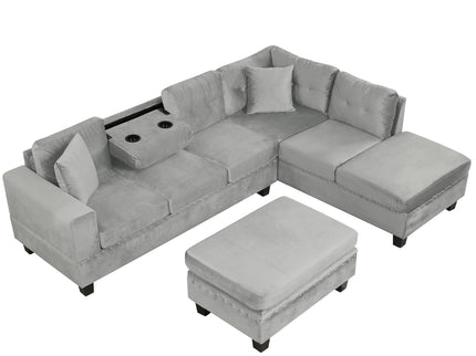 Modern Sectional Sofa With Storage Ottoman, L - Shape Couch With 2 Pillows And Cup Holders