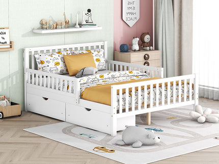 Platform Bed With Guardrails On Both Sides And 2 Storage Drawers