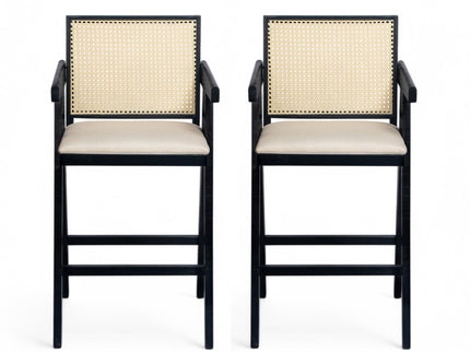 Woven Cane Plastic Backrest Bar Stool Foam Padded Fabric Seat & Durable Rubberwood Frame - Cream Gray