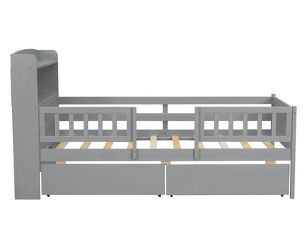 Platform Bed With LED Light, Multi Functional Headboard, Guardrail And 2 Drawers