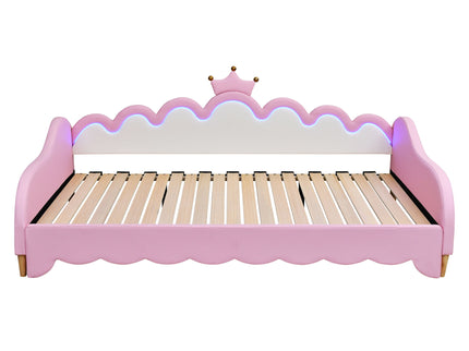 Extending Daybed With LED Lights, Modern Upholstered Princess Daybed With Crown Headboard