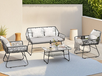 4 Piece Wicker Patio Furniture Set With Tempered Glass Table And Detachable Cushions