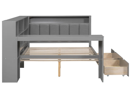 Platform Bed With Storage Shelves, Drawers, Charging Station, LED, Desk