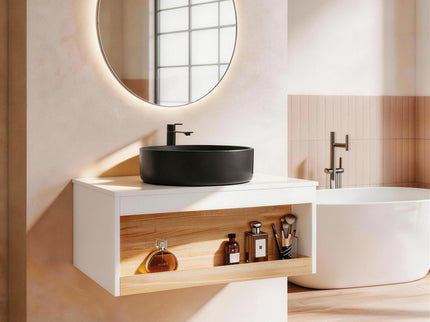 Floating Bathroom Vanity With Glossy Round Vessel Sink