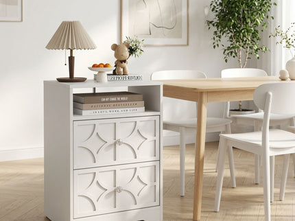 Nightstand With Diamond Carvings Handles, 2 Drawers & Charging Station