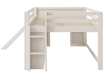 Modern Low Loft Bed With Slide, 3 Storage Drawers, And 2 Doors