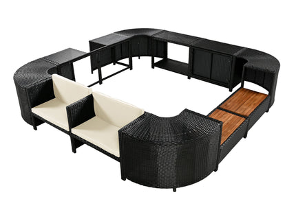 Spa Surround Spa Frame Quadrilateral Outdoor Rattan Sectional Sofa Set With Mini Sofa, Wooden Seats And Storage Spaces