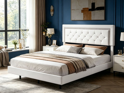 Platform Bed Frame With Adjustable Upholstered Headboard, RGB LED Lights, No Box Spring Needed
