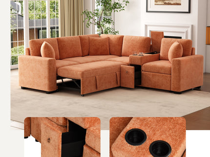 Modular L-Shaped Sectional Sofa Bed With Pull-Out Sleeper, Cup Holders, And Storage
