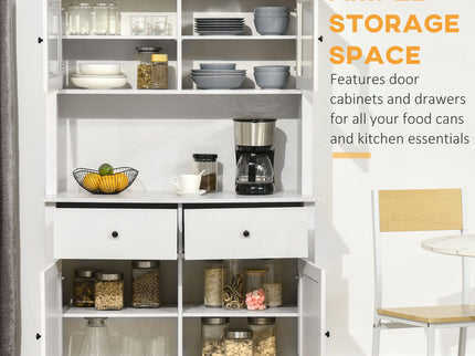 Homcom - 63.5" Kitchen Buffet With Hutch, Pantry Storage Cabinet With 4 Shelves, Drawers, Framed Glass Doors, Open Microwave Countertop - Antique White