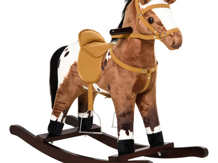 Qaba - Kids Metal Plush Ride-On Rocking Horse Chair Toy With Realistic Sounds - Dark Brown / White