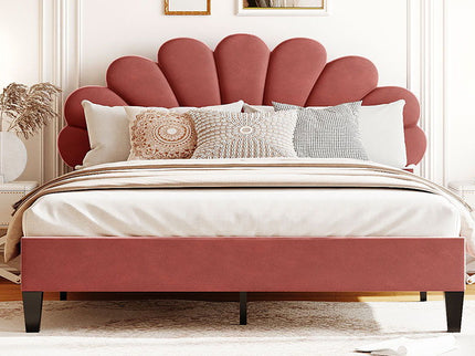 Upholstered Platform Bed With Flower Pattern Headboard