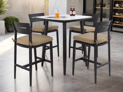 5 Pieces Outdoor Patio Bar Set, Rounded Square Table & 4 Aluminum Bar Stools