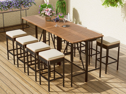 Outdoor Acacia Wood Bar Height Table And Eight Stools With Cushions