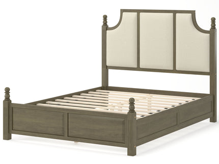 Farmhouse Platform Bed Frame With Tall Linen Upholstered Headboard