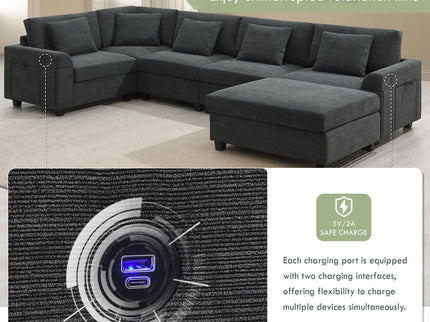 U Shaped Sectional Sofa 6 Seat Couch Set With Oversized Ottoman, Hidden Armrest Storage And Cup Holders USB Charging Ports Wide Seat Sofa