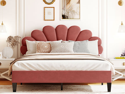 Upholstered Platform Bed With Flower Pattern Headboard