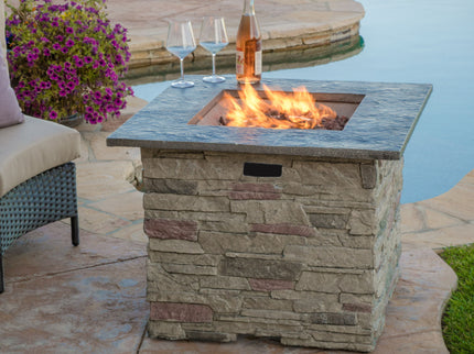Classic Design Square Fire Pit With Top And 40, 000 Btu Heat Output - Stone Gray