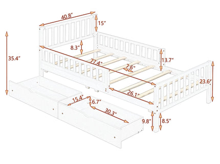 Platform Bed With Guardrails On Both Sides And 2 Storage Drawers