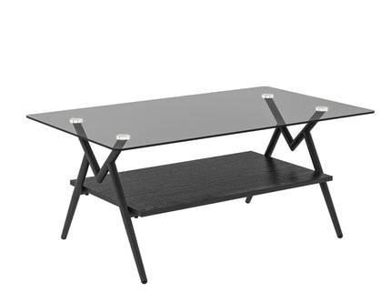 Rectangle Coffee Table With Tempered Glass Top And Shelf, Modern Table For Living Room