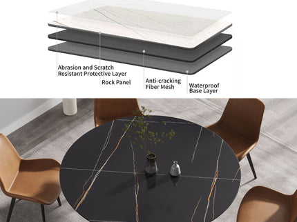 59.05" Modern Artificial Stone Round Black Carbon Steel Base Dining Table, Can Accommodate 6 People - Black