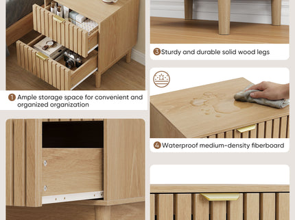 Bedside Table With Grille Design And 2 Drawers, Side Table For Bedroom - Oak