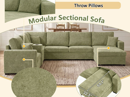 Modular 5 Seat U-Shape Sectional Sofa With Chaise Lounge, Built In Cup Holders And Storage Drawer