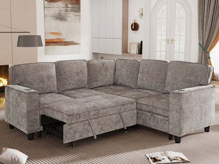 L-Shaped Sofa With Pull Out Sofa Bed With USB