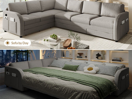 L-Shaped Couch With Pull-Out Bed, Convertible Sleeper Sofa With Side Pocket & USB Port