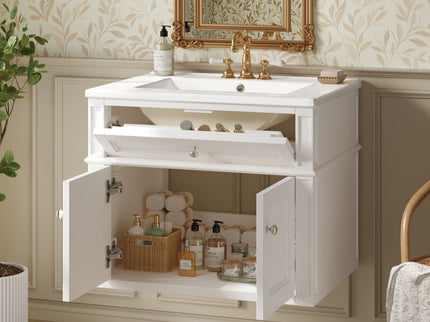 Wall Mounted Bathroom Vanity With Tip Out Drawer And Open Back Design