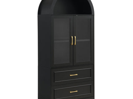 Arched Top Storage Cabinet With Fixed 2 Tier Shelves, 2 Large Drawers
