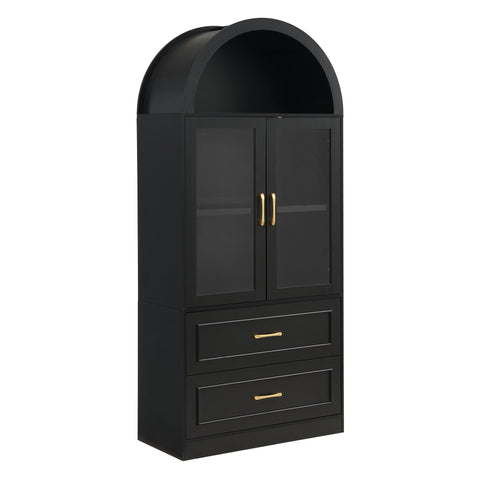 Arched Top Storage Cabinet With Fixed 2 Tier Shelves, 2 Large Drawers