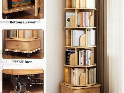 6 Tier Rotating Bookshelf With Wheels And Drawer, 360° Spinning Design, Space Saving Storage, For Home - Wood