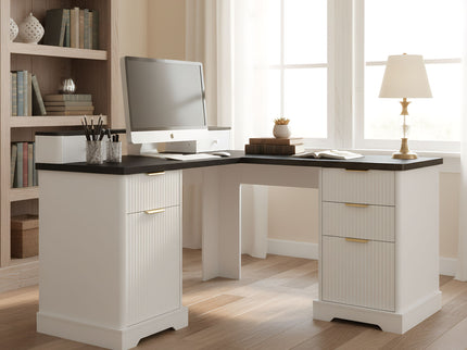 Fluted L-Shaped Desk With Charging Station & Storage Cabinet
