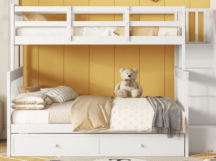 Bunk Bed With Twin Size Trundle, Storage And Guard Rail For Bedroom
