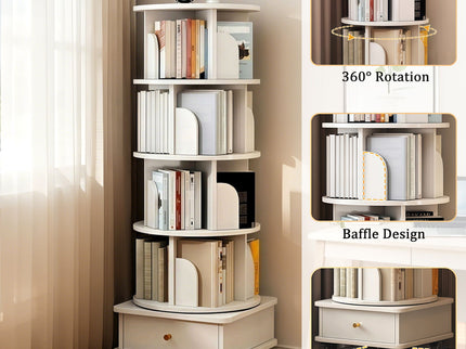 Rotating Bookshelf With Wheels And Drawer, 360° Spinning Design, Space Saving Storage