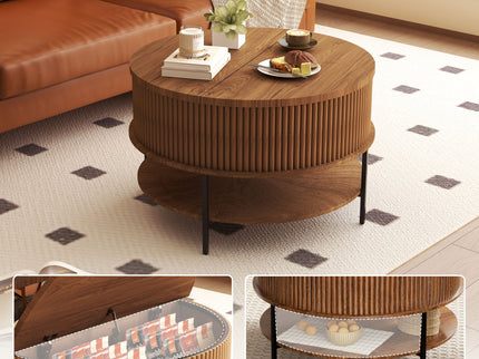 Lift Top Coffee Table, Round Storage Cocktail Table With Reinforced Legs, Safe Rounded Design - Brown