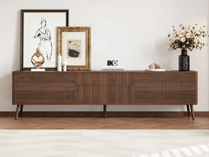 Fluted TV Stand With Storage Drawers And Cabinets For TVs Up To 80", Soft-Close Hinges, Cable Management - Walnut