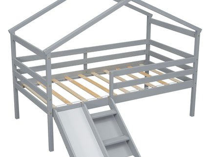 Low Loft House Bed With Slide, Ladder, Safety Guardrails, House Roof Frame
