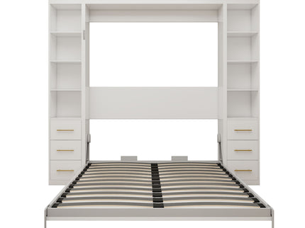 Queen Size Murphy Wall Bed With Side Storage Cabinets - White