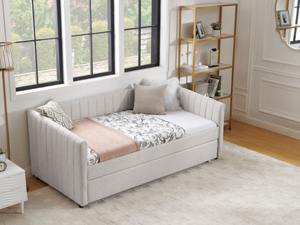 Upholstered Daybed With Trundle With Vertical Stripes