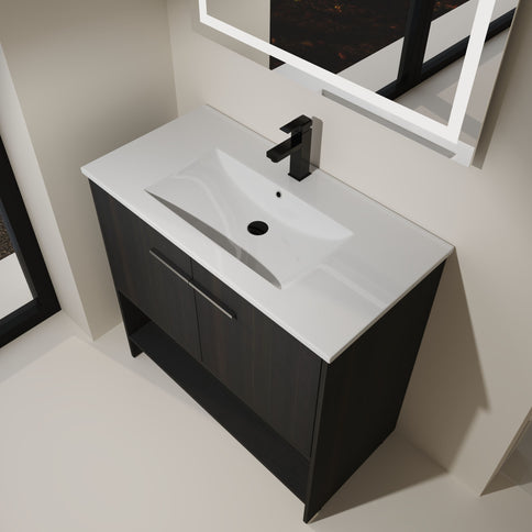 Modern Bathroom Vanity With Ceramic Sink, Freestanding Cabinet, Soft Closing Doors