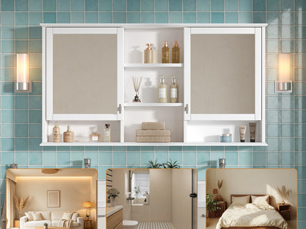 Wall Mount Mirror Cabinet With Adjustable Shelves - White