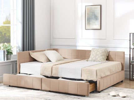 Mid-Century Storage Upholstered Tufted Bed Frame With Backrest And Armrests