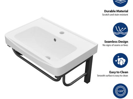 Wall Mounted Rectangular Bathroom Sink With 304 Stainless Steel Towel Bar & Overflow - White